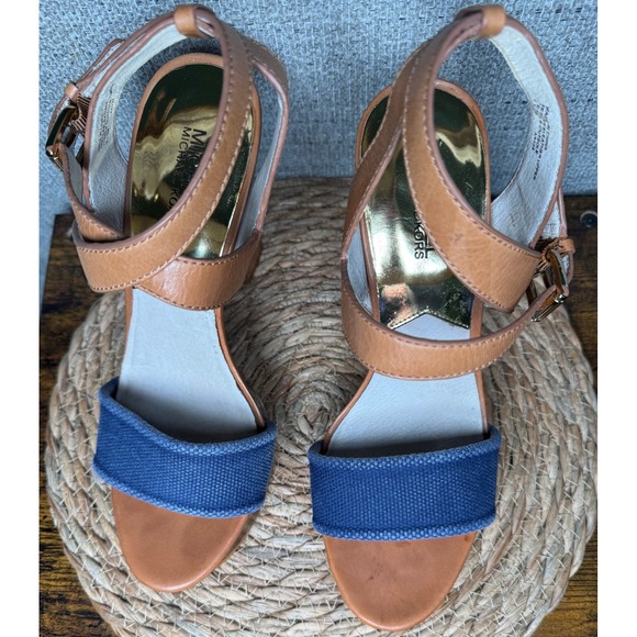 Michael Kors Leather & Canvas Platform Heels Size 9.5M Tan Blue Crisscross Strap - Picture 2 of 10